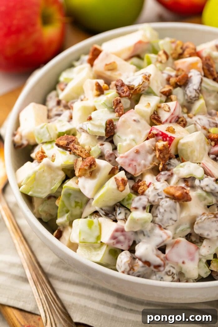 Close up, slightly overhead angle of apple salad in a large bowl, with whole apples in the background, showcasing its vibrant colors and inviting texture.