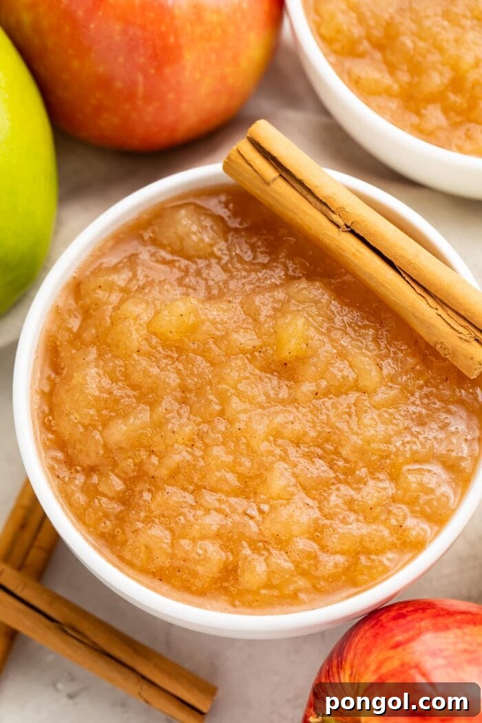 Instant Pot applesauce in a large bowl surrounded by apples and topped with a whole cinnamon stick