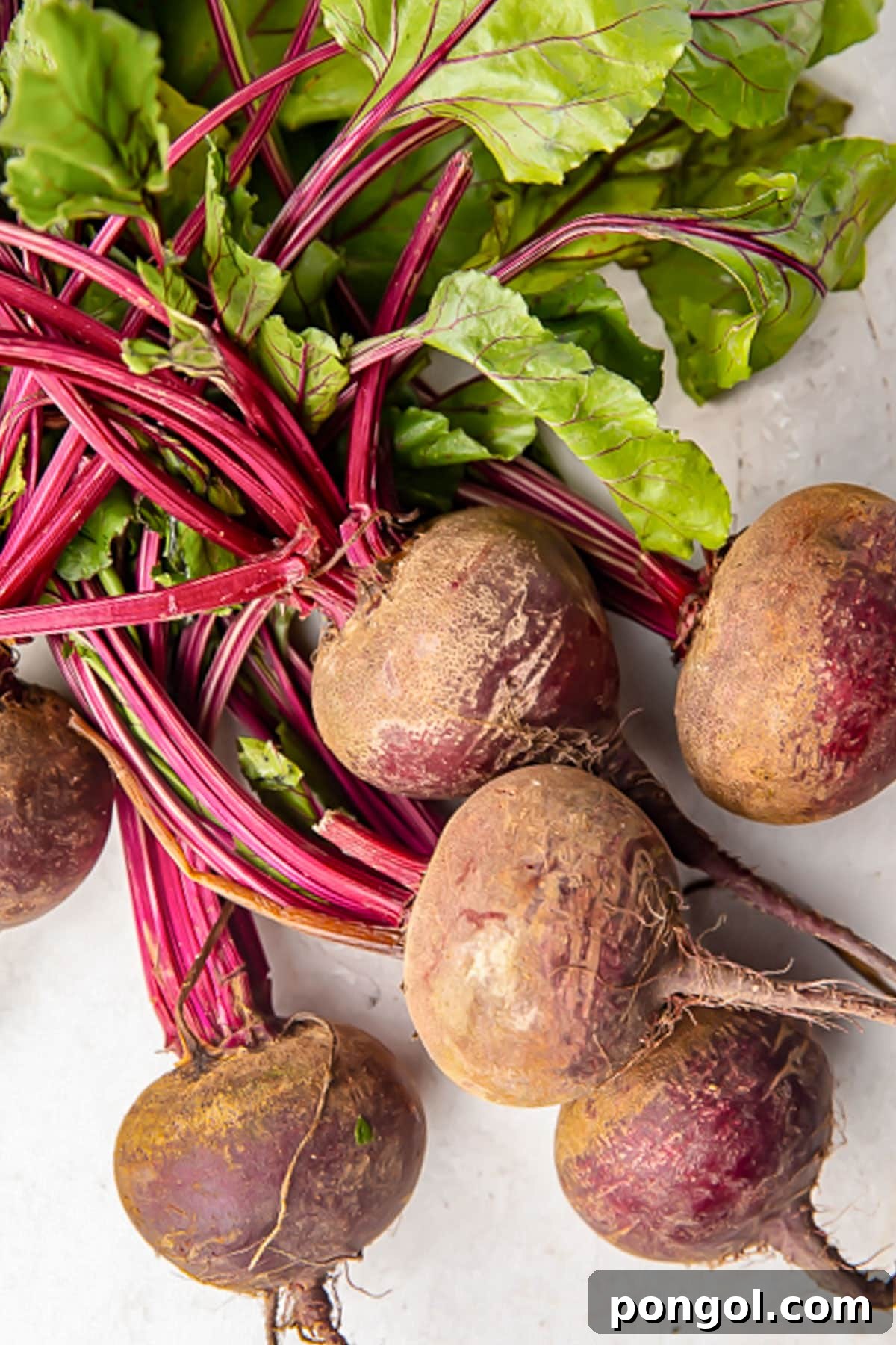 Fresh beets with stems and leaves attached, ready for preparation.