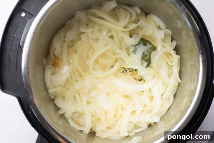 Sliced, softened onions in the bottom of an Instant Pot.