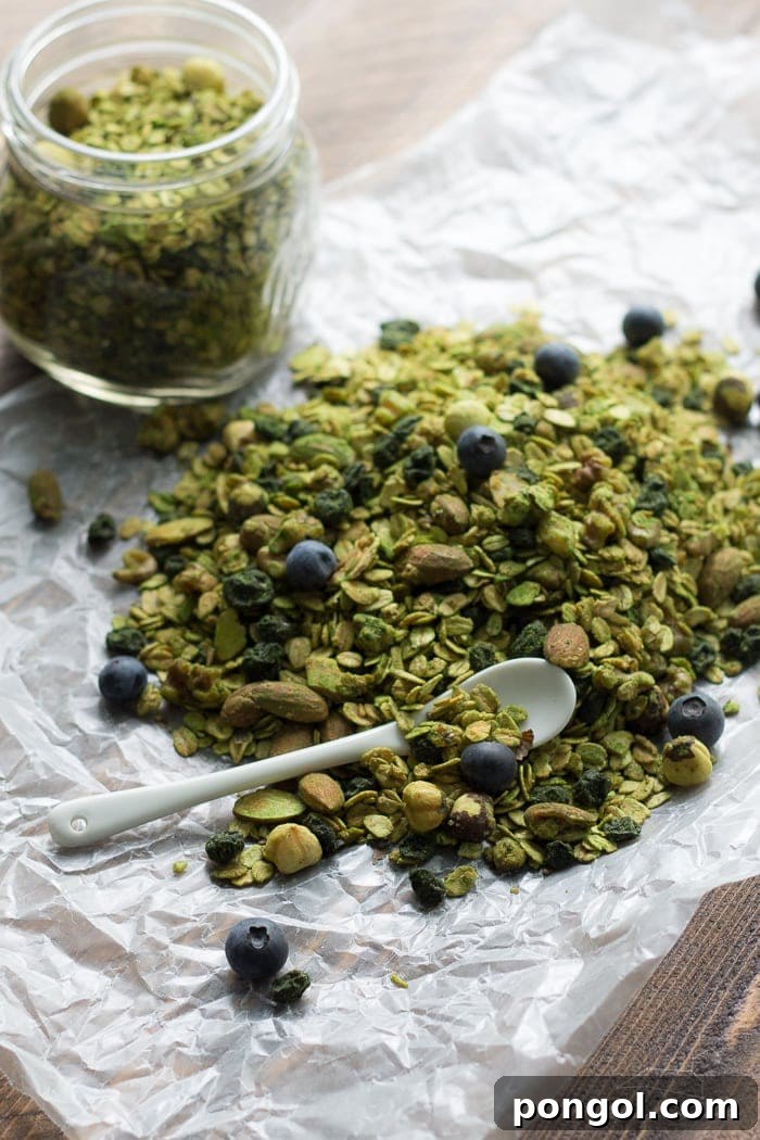 Matcha granola with dried blueberries. All of the goodness of matcha powder tossed with a delish granola. Perfect snack or breakfast--tons of antioxidants! Vegan