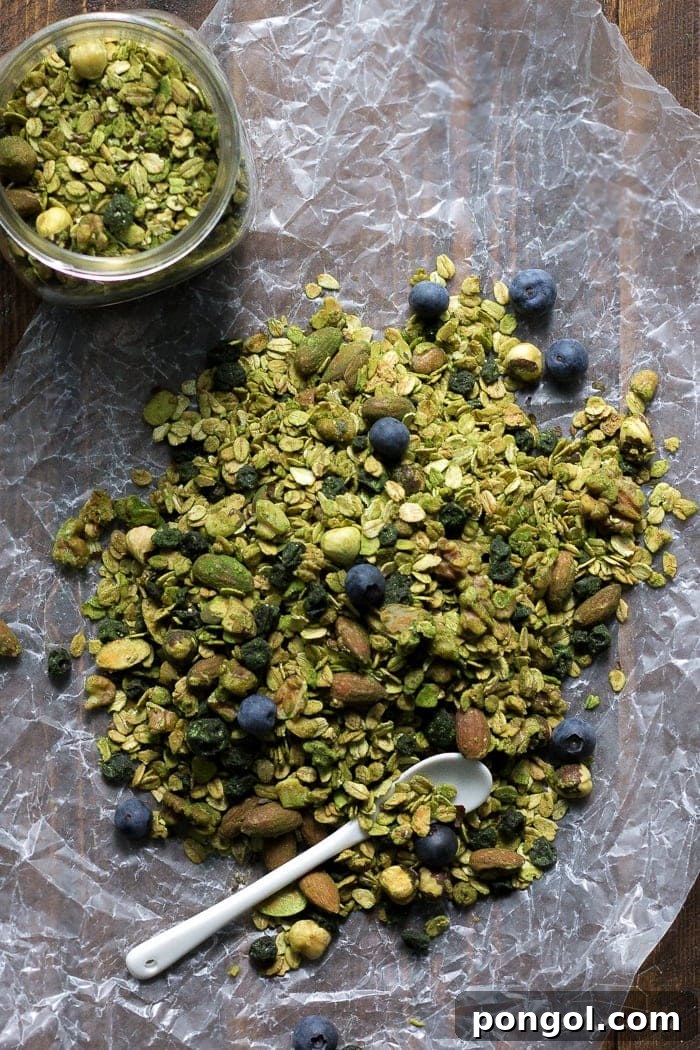 Matcha granola with dried blueberries. All of the goodness of matcha powder tossed with a delish granola. Perfect snack or breakfast--tons of antioxidants! Vegan