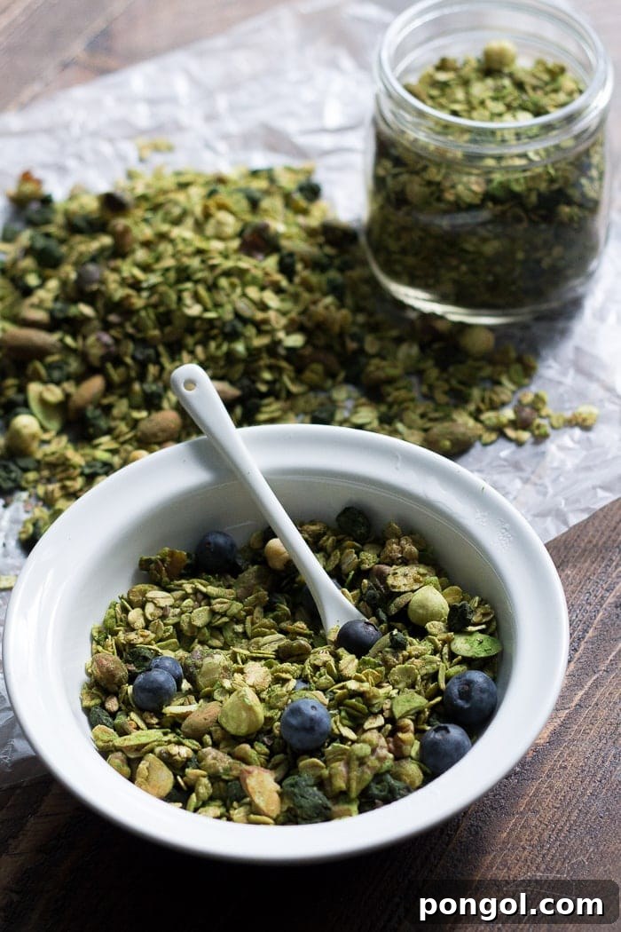 Matcha granola with dried blueberries. All of the goodness of matcha powder tossed with a delish granola. Perfect snack or breakfast--tons of antioxidants! Vegan