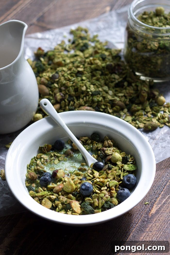Matcha granola with dried blueberries. All of the goodness of matcha powder tossed with a delish granola. Perfect snack or breakfast--tons of antioxidants! Vegan