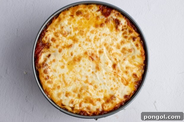 Instant Pot lasagna with browned mozzarella cheese in springform pan