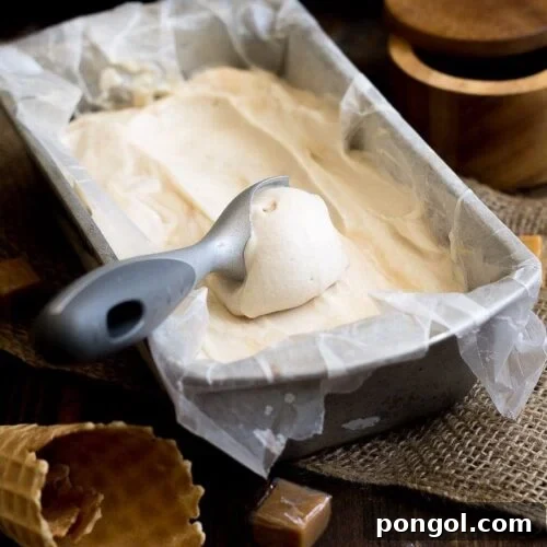 Vegan salted caramel ice cream in a loaf pan with an ice cream scoop and ice cream cones to the side