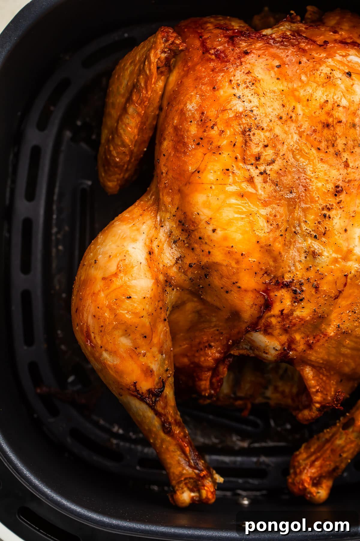 A perfectly cooked whole chicken with golden crispy skin, resting in an air fryer basket, ready to be carved.