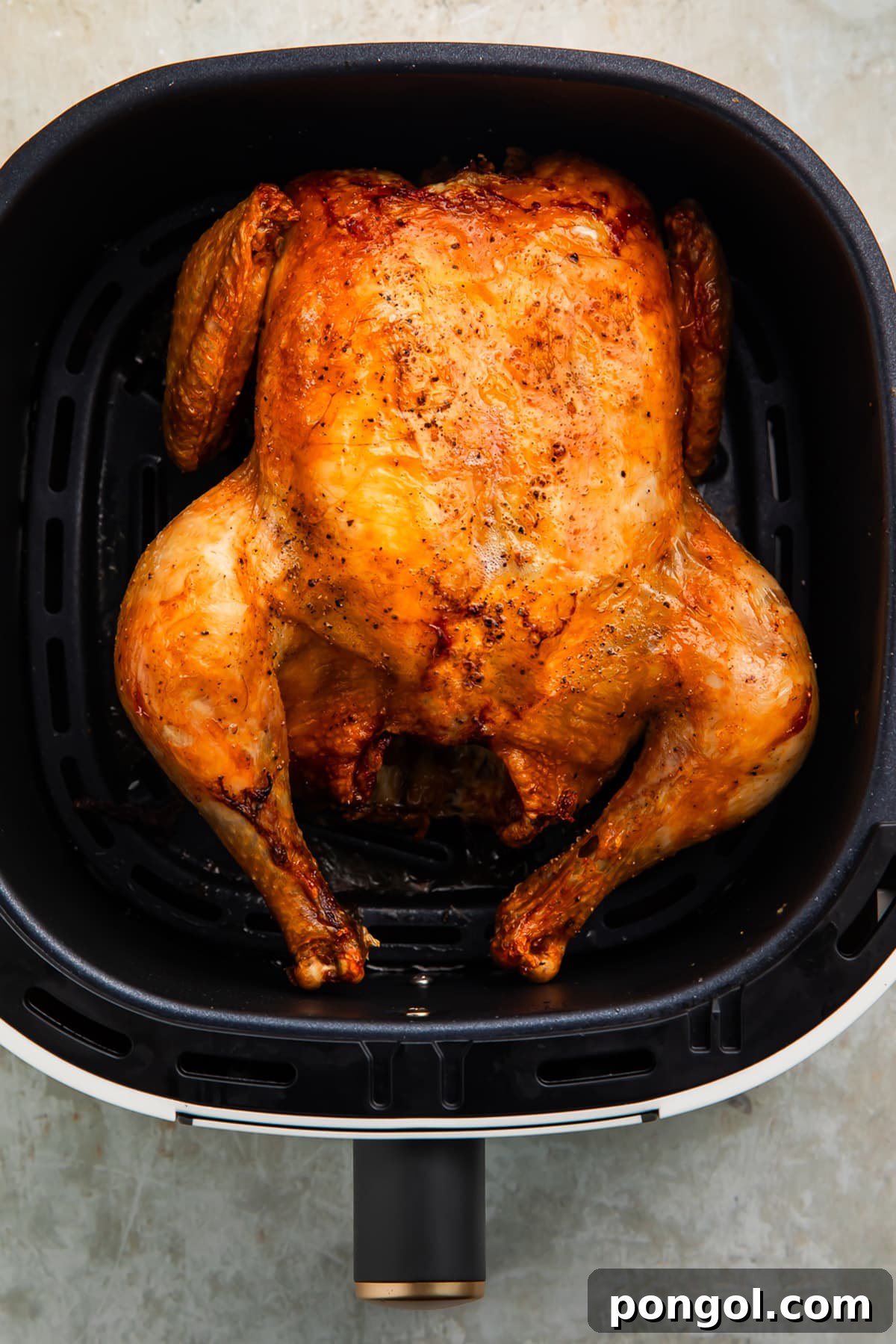 A golden-brown whole chicken, perfectly cooked and resting in an air fryer basket, with steam gently rising, showcasing its tender texture.