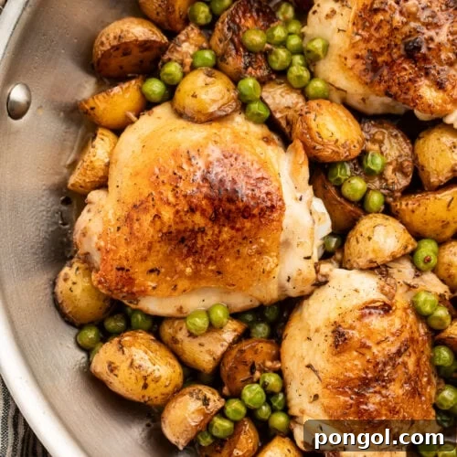 Chicken Vesuvio with potatoes and peas in a large silver skillet resting on a striped kitchen towel.