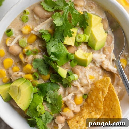Effortless Instant Pot White Chicken Chili 4 Overhead view of a bowl of white chicken chili, cooked in the Instant Pot, with avocado, cilantro, and tortilla chips.