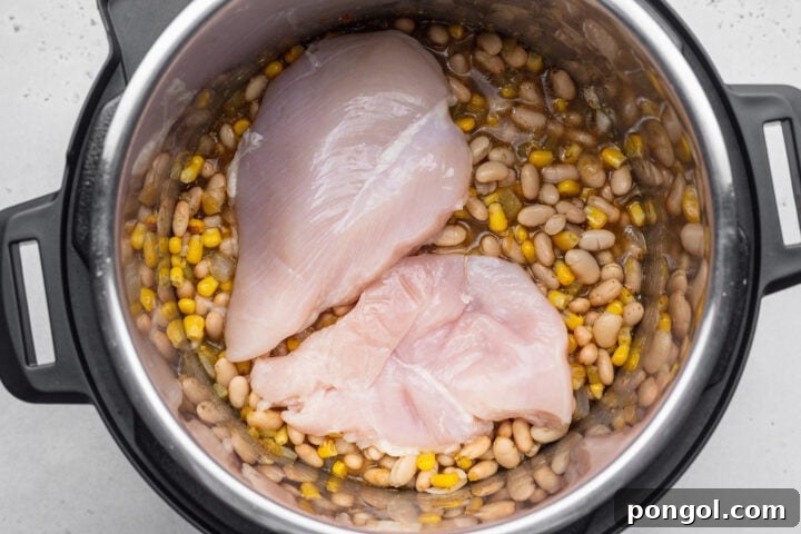 Effortless Instant Pot White Chicken Chili 7 Uncooked chicken on top of a bed of ingredients for white chicken chili in the Instant Pot.