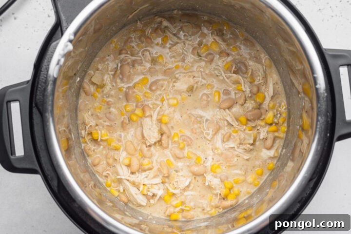 Effortless Instant Pot White Chicken Chili 9 Creamy Instant Pot white chicken chili with shredded chicken in the bottom of an Instant Pot.