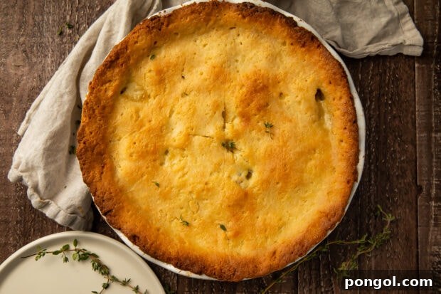 Keto Comfort Chicken Pot Pie 11 Baked keto chicken pot pie, golden and bubbly, shown from above.