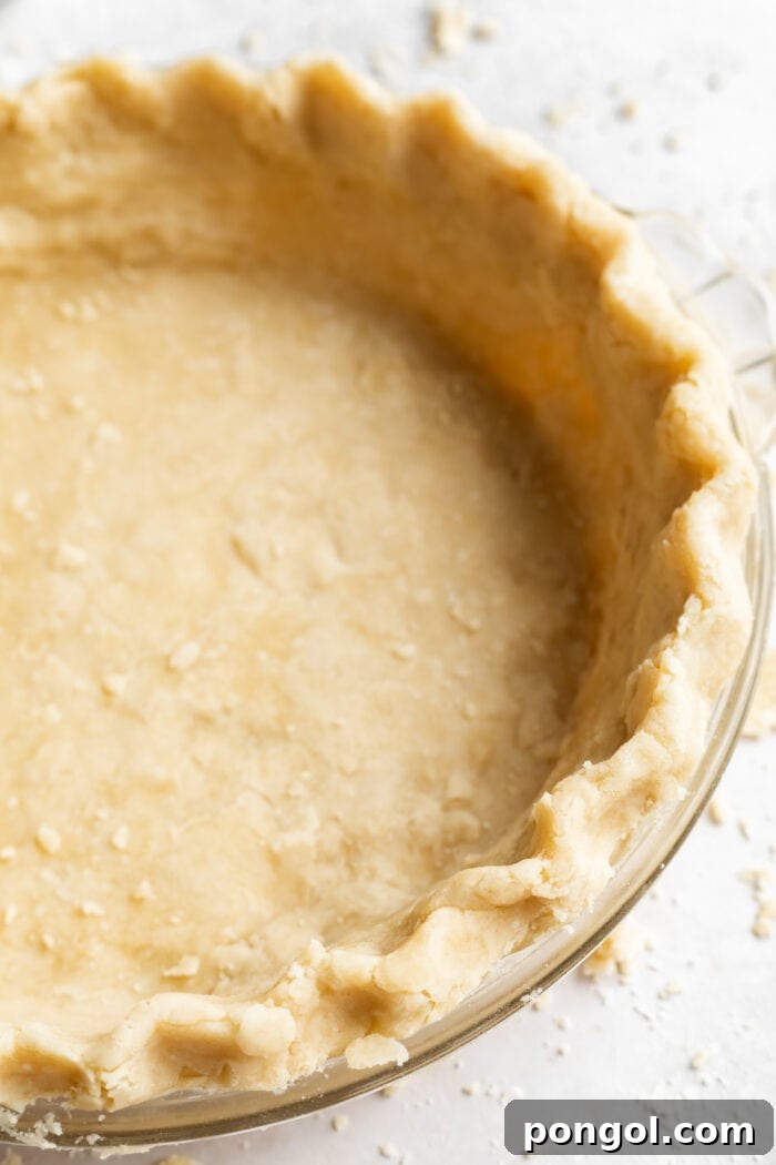 close up image of vegan pie crust in a pie dish showing the flaky texture