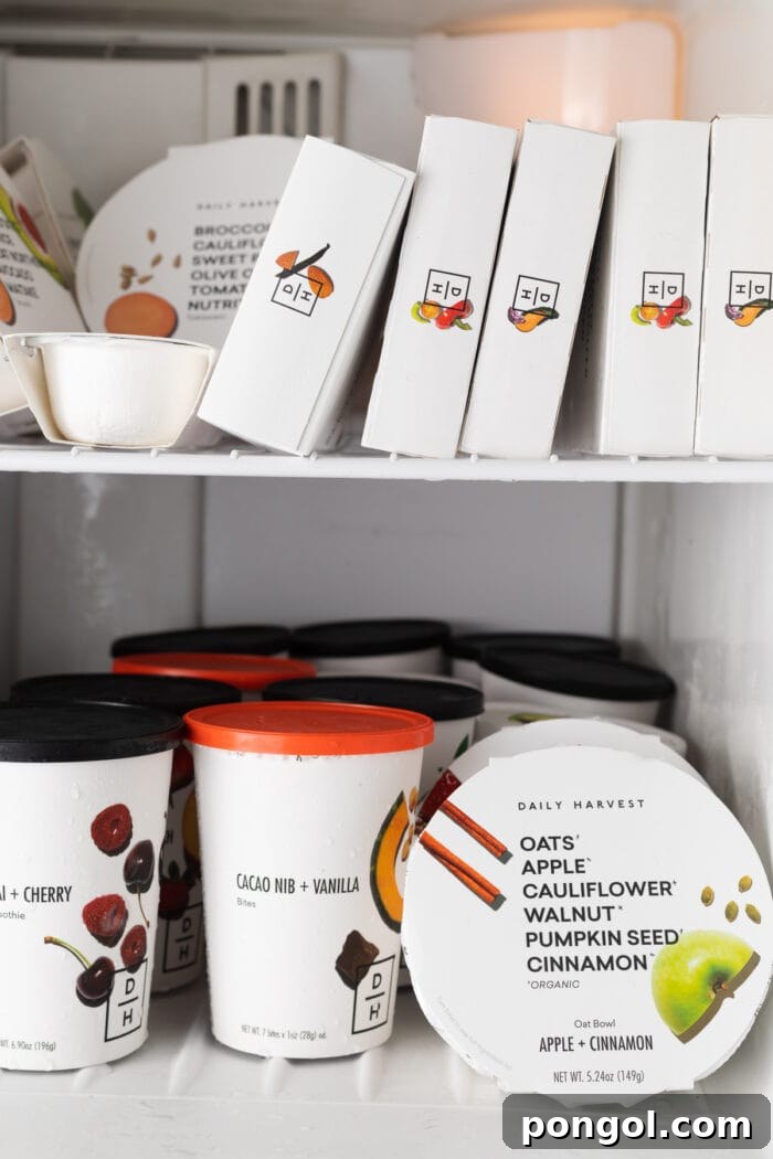 Daily Harvest: Embracing Autumn with Organic Eats 3 Daily Harvest products in a freezer