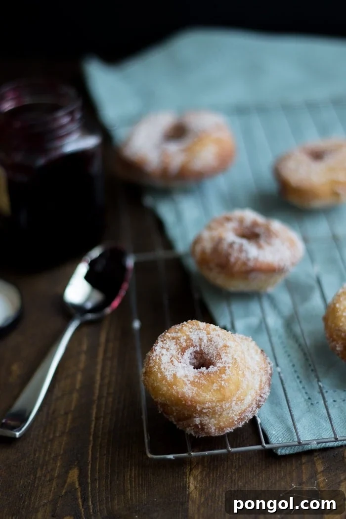 A freshly fried vegan cronut, ready to be filled with raspberry jam.