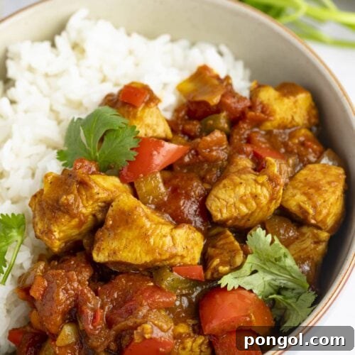 Chicken jalfrezi in a bowl with white rice