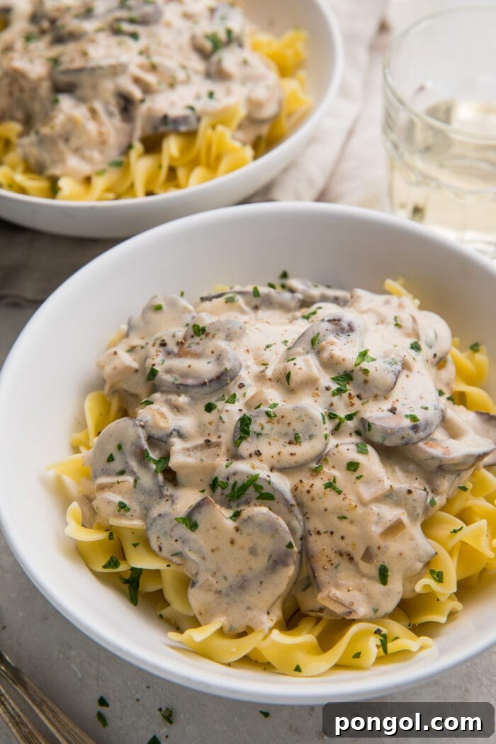Two large white bowls filled with steaming mushroom stroganoff, garnished with fresh herbs, ready to be served.
