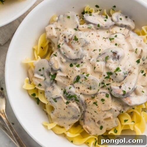 Overhead angle of a large bowl of mushroom stroganoff