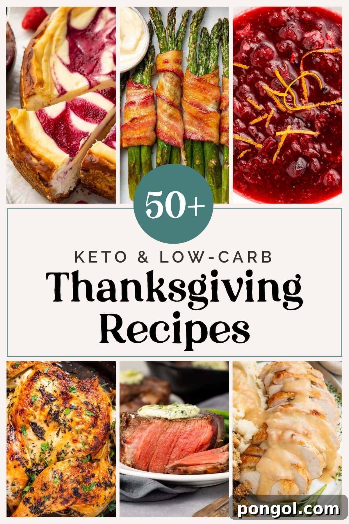 Graphic for 50+ low carb and keto Thanksgiving recipes roundup, featuring various keto-friendly dishes.