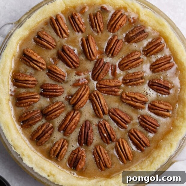 Decadent Keto Pecan Pie 9 Keto pecan pie ready to bake with pecans arranged on top