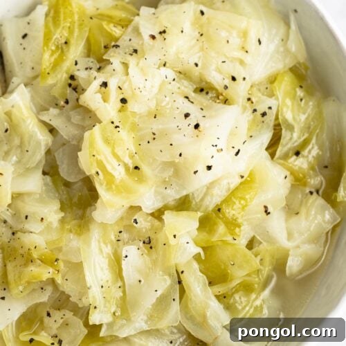 Overhead view of Instant Pot cabbage in a white bowl