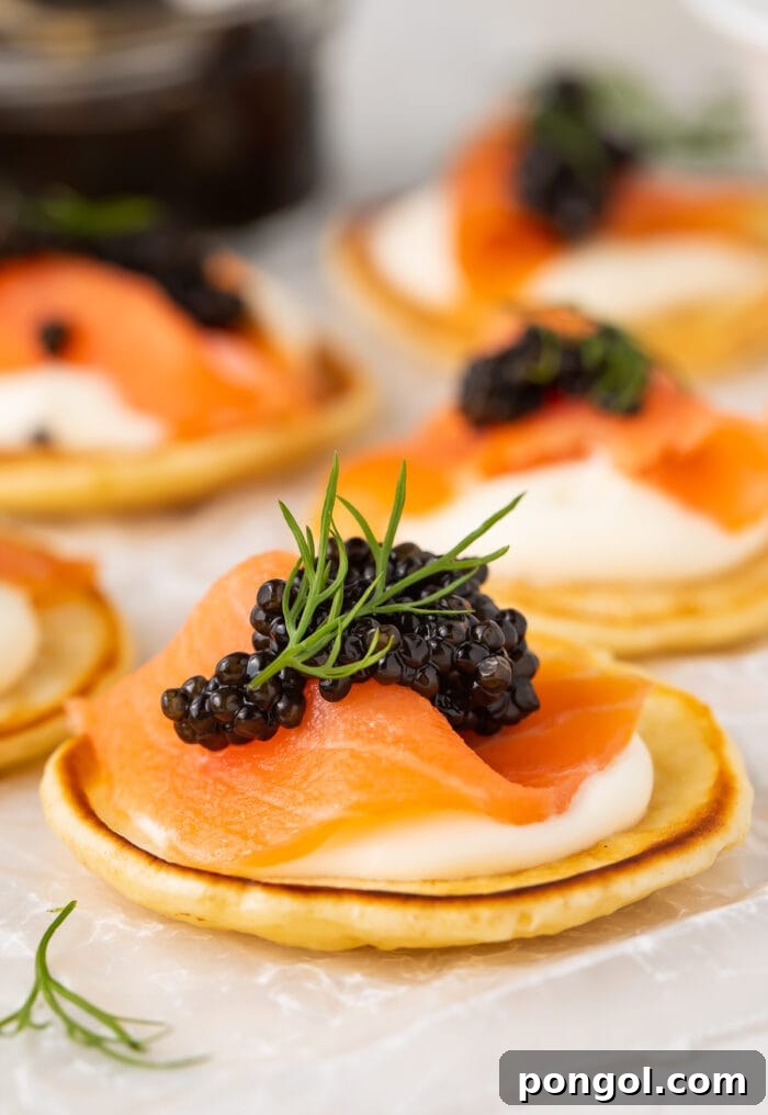 Close up of blini with salmon and caviar