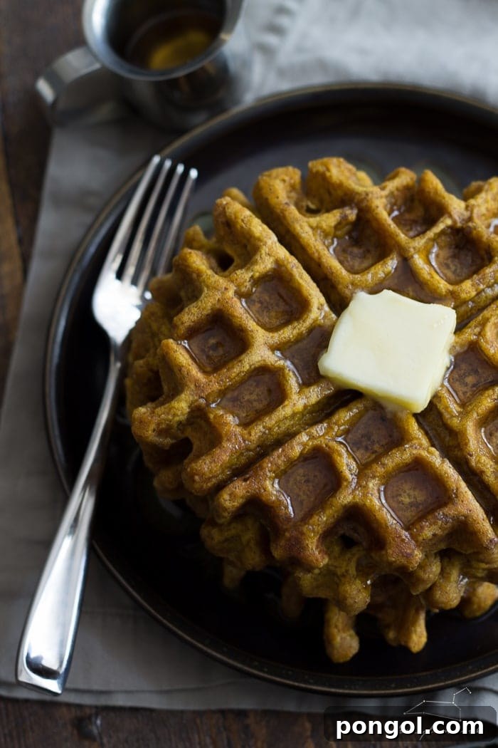 Close-up of fluffy vegan pumpkin waffles, ready to be served