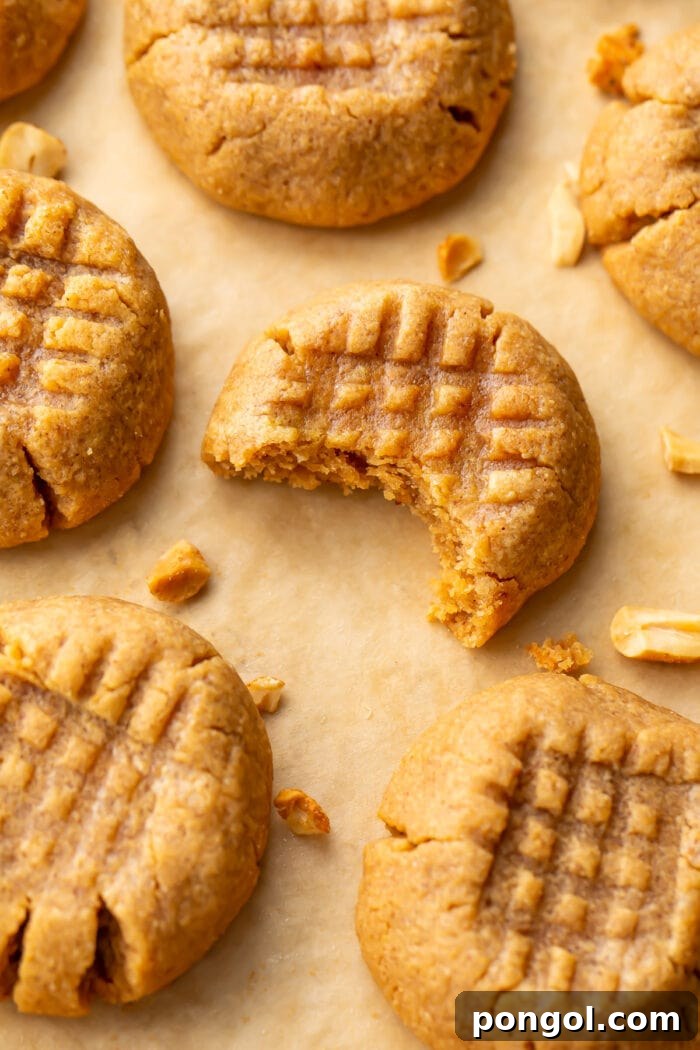 3 Malzemeli Fıstık Ezmeli Kurabiyelerden bir ısırık alınmış, ortadaki çiğnenebilir dokusunu gösteriyor.