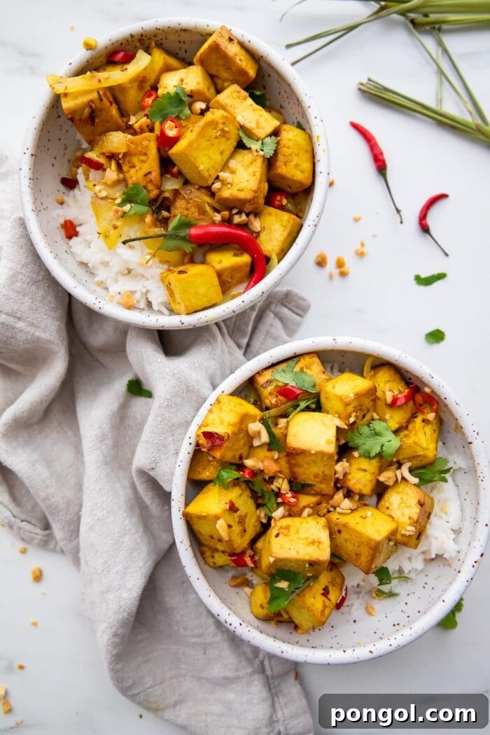 Agave-Sweetened Lemongrass Tofu with Thai Chili Fire 2 Two bowls of lemongrass tofu with white rice