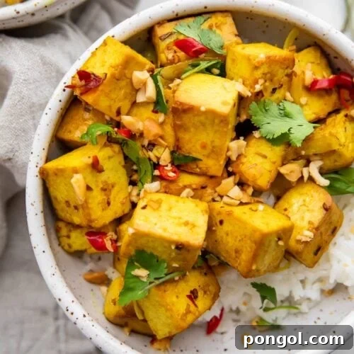 Agave-Sweetened Lemongrass Tofu with Thai Chili Fire 4 Lemongrass tofu in a bowl with white rice