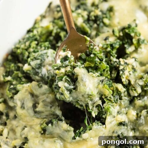 spinach casserole being scooped out of the baking dish.
