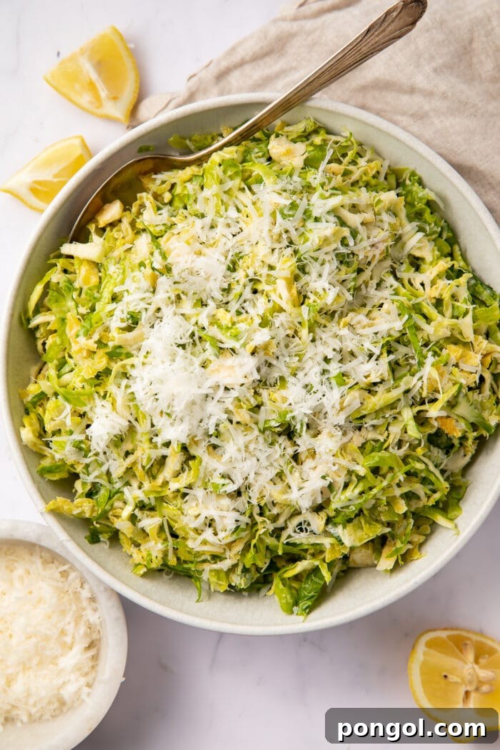 Overhead view of a bowl of shaved Brussels sprouts salad with lemon and parmesan, ready to be served