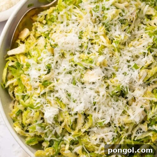 Overhead view of a bowl of shaved Brussels sprouts salad with lemon and parmesan