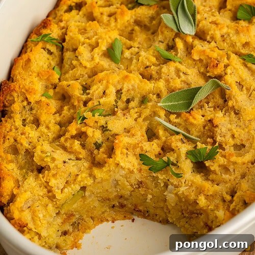 Golden cornbread stuffing in a white oval baking dish with a portion removed, garnished with fresh sage and parsley.