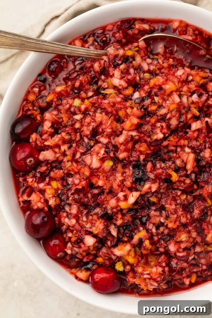 Overhead, slightly zoomed out photo of cranberry relish in a large white bowl
