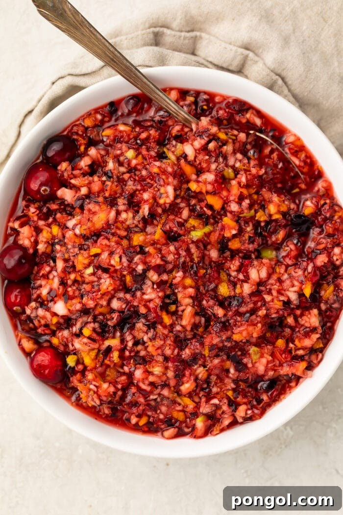Overhead view of a bowl of cranberry relish