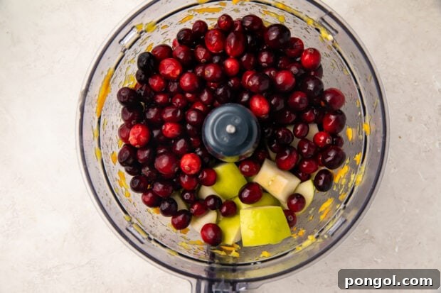 Apple and cranberries in food processor