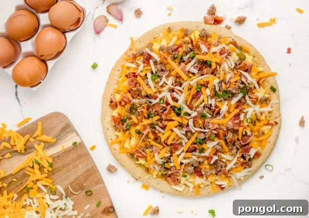 Breakfast pizza on countertop