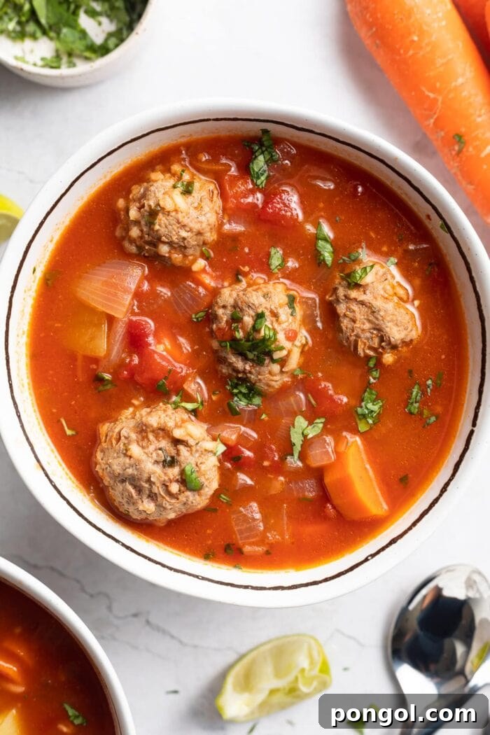 Overhead view of a steaming bowl of Albondigas soup, garnished with fresh cilantro, ready to be served.