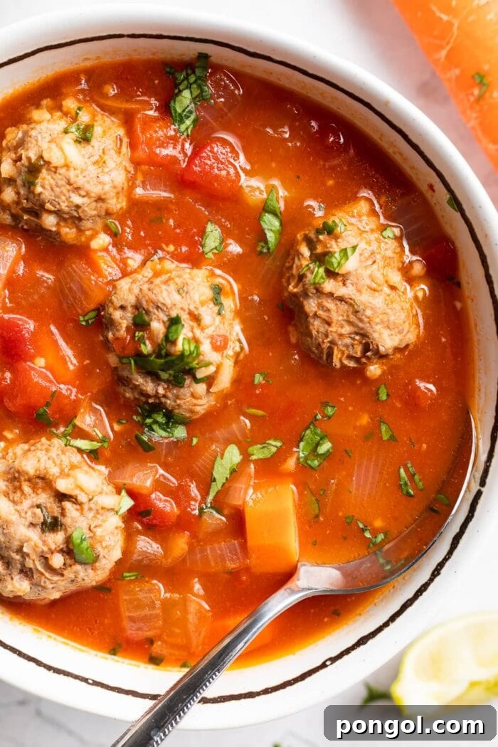 Close-up view of a spoon dipping into a bowl of Albondigas soup, showcasing the meatballs, vegetables, and rich broth.