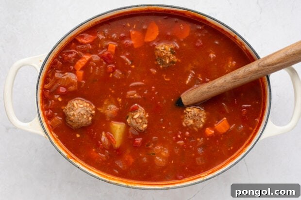Step-by-step image showing meatballs simmering in the Albondigas soup pot.