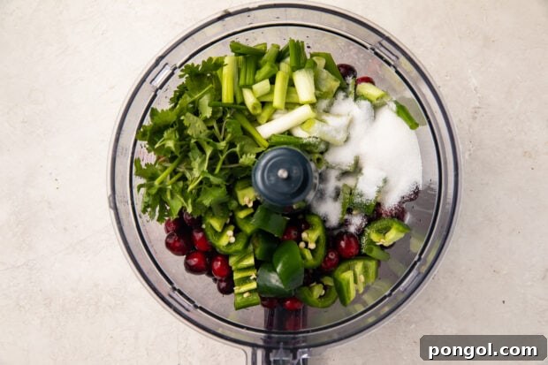 Ingredients for cranberry salsa in food processor bowl