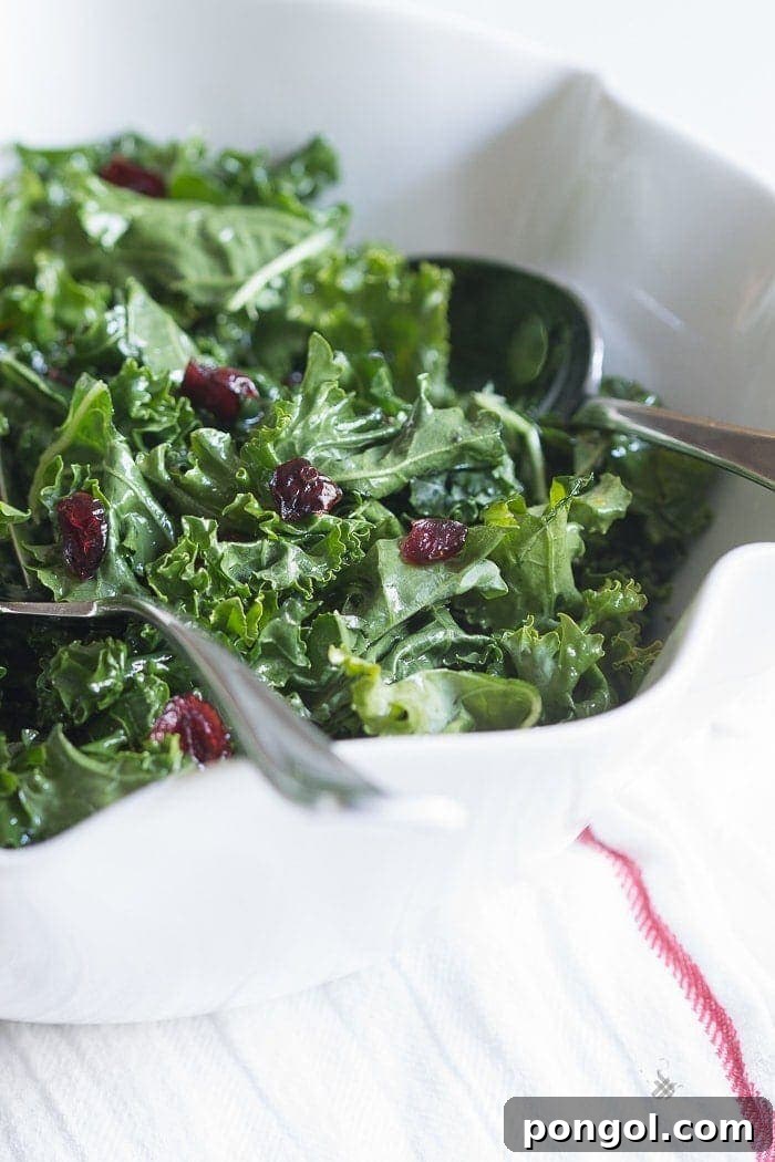 Hand reaching for a serving of the healthy and delicious raw kale salad with cranberries, dressed in a light vinaigrette.