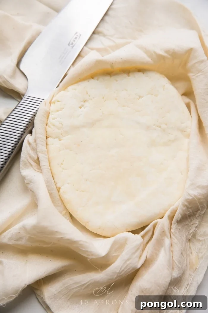A perfectly formed disc of homemade paneer, fresh from pressing and ready to be cut into cubes for Indian recipes. Its smooth, white surface suggests a rich and creamy texture, making it an ideal ingredient for various dishes.