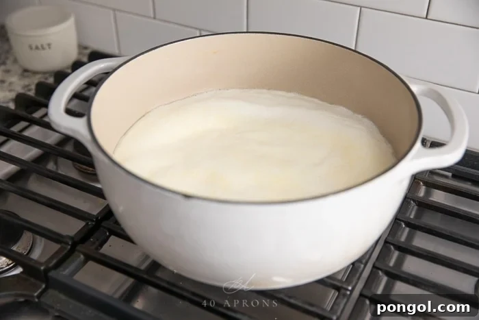 A pot of foamy milk on the stovetop, just nearing its boiling point. The surface shows steam rising and small bubbles forming, indicating it's almost ready for the next step in making homemade paneer. This creamy, rich milk is the foundation for an exquisite Indian cheese.