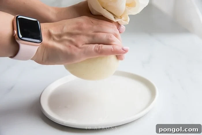 Hands firmly squeezing excess whey out of milk curds bundled in cheesecloth, demonstrating a key step for creating firm and creamy homemade paneer. Water droplets are visible, highlighting the importance of thorough pressing to achieve the desired texture of Indian cheese.
