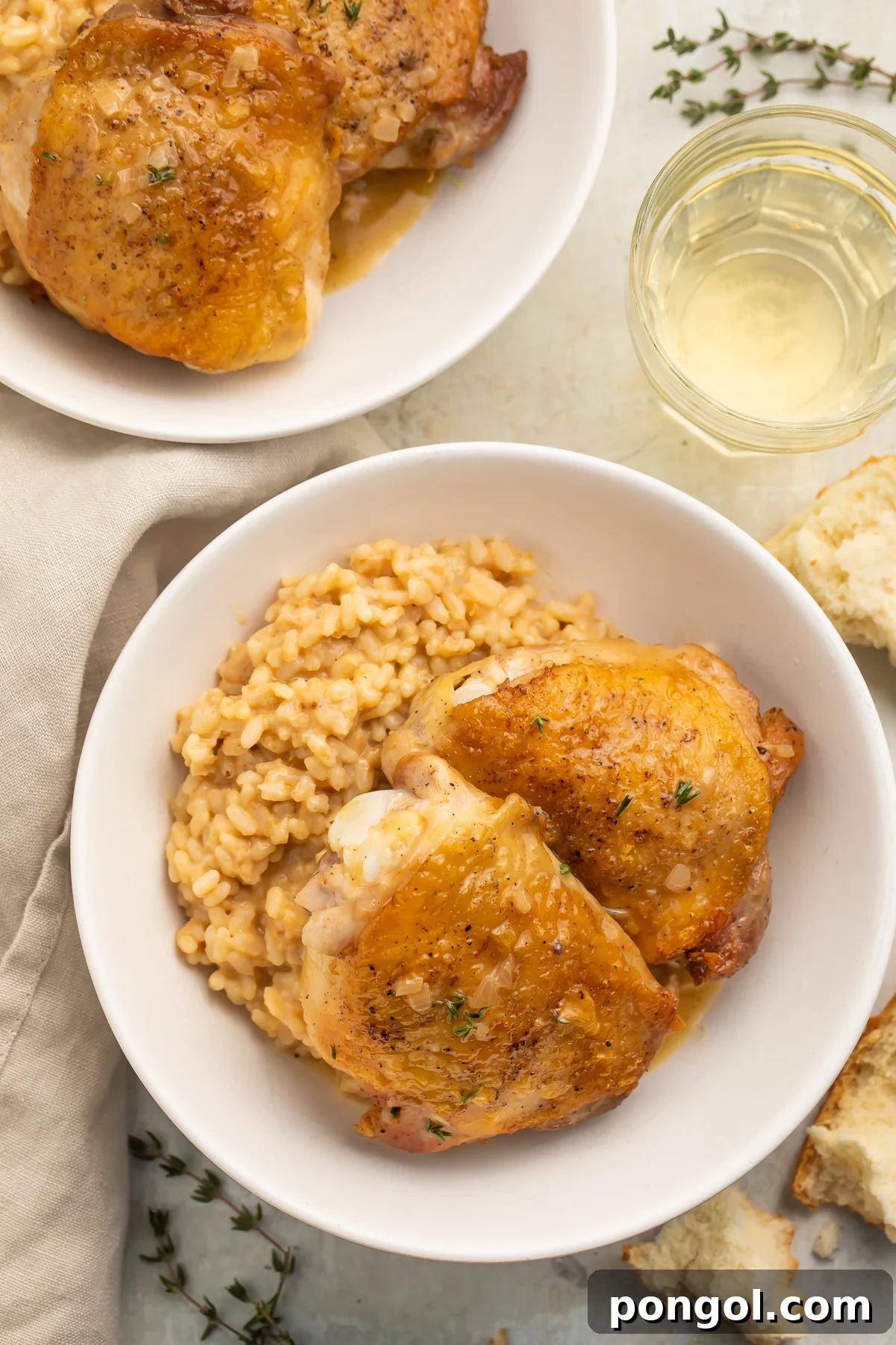 Pan-seared chicken thighs in pan sauce plated with rice in a large white bowl.