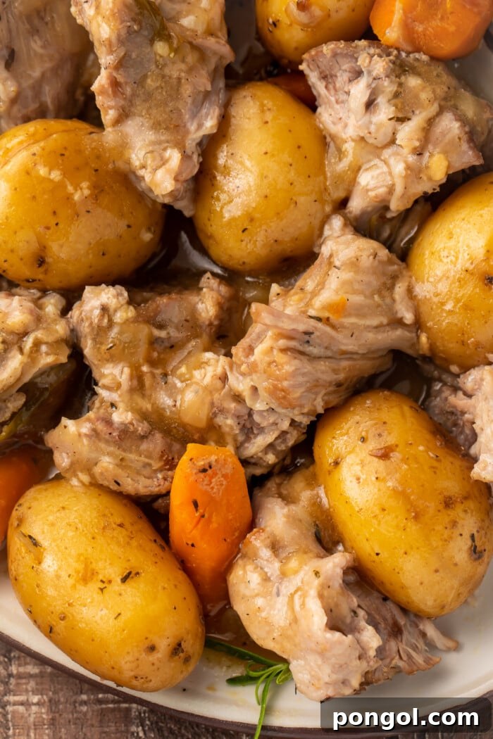 Instant Pot pork roast with carrots and potatoes on a large oval-shaped dish.