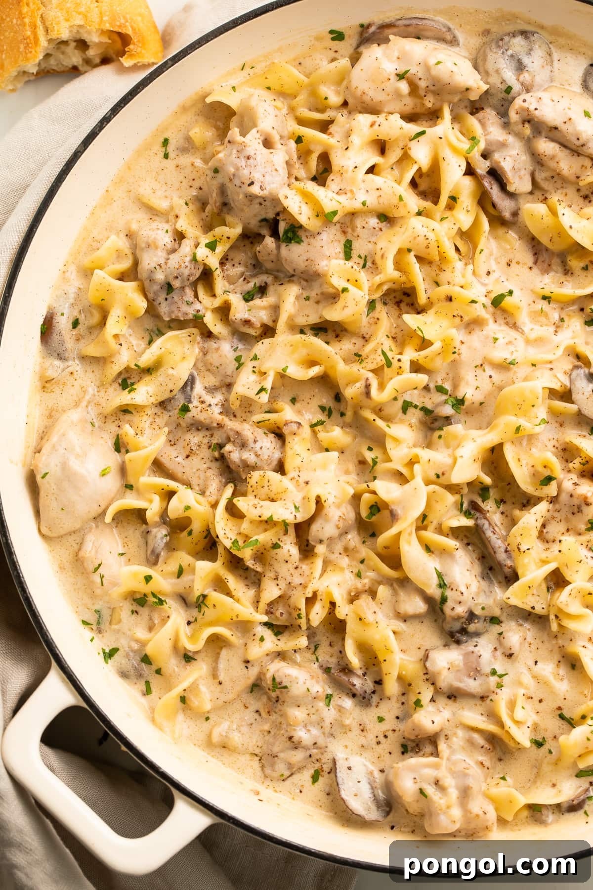 Creamy Chicken Stroganoff 2 Chicken stroganoff with egg noodles in a large heavy-bottomed dish, garnished with fresh parsley.